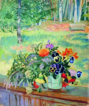 150の主題の芸術作品 Painting - バルコニーに花束 1924年 ボリス・ミハイロヴィチ・クストーディエフ 印象派
